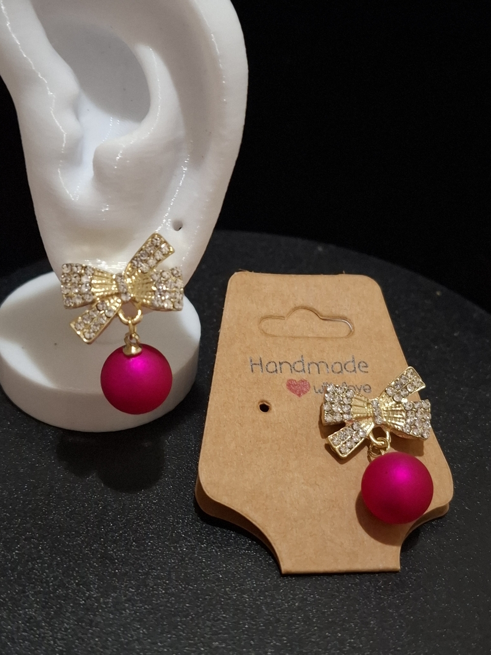 Gold Bow Drop Earrings with Fuchsia Pink Orb